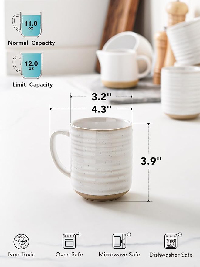 Arctic white ribbed ceramic mug with handle, shown upright