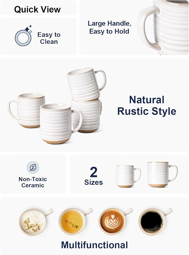Arctic white rustic ceramic mug set with ribbed design and easy-grip handles