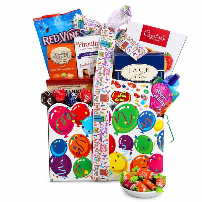 Birthday treats gift basket with assorted candies, balloon-pattern bags, and snack cups