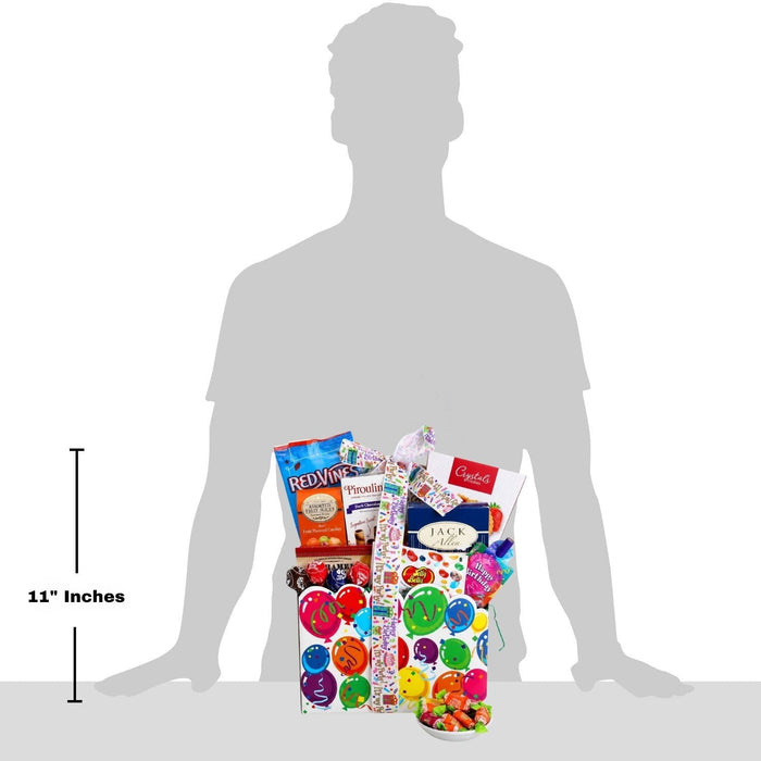 Birthday treats gift basket held by silhouette with size measurement