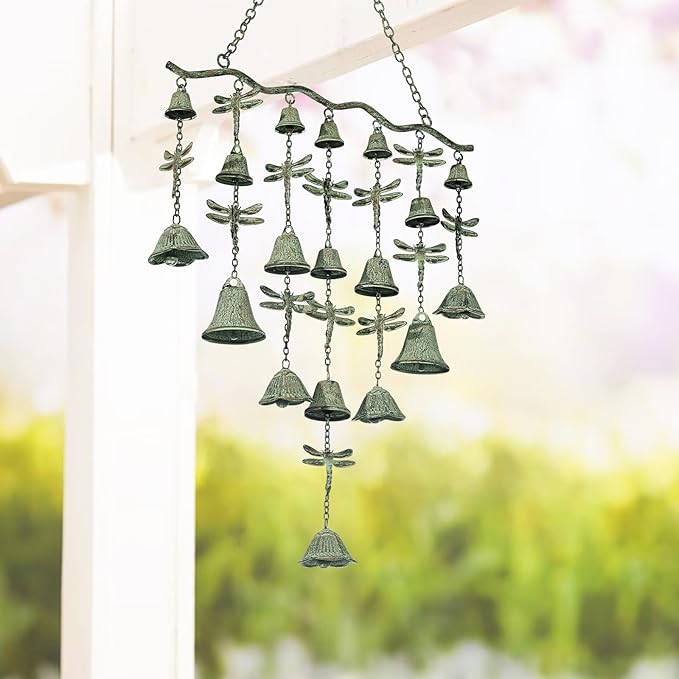 Verdigris wrought-iron wind chime with dragonfly ornaments and hanging bell clusters