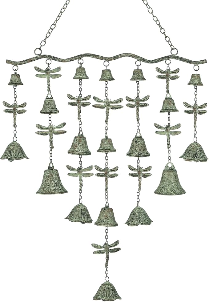 Verdigris wrought-iron wind chime with dragonfly motifs and many hanging bell chimes
