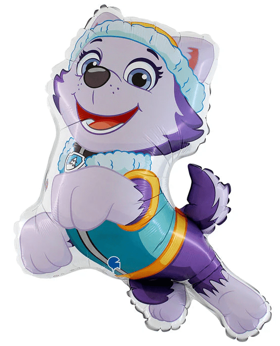 Paw Patrol Everest foil balloon, purple and light blue pup with friendly smile
