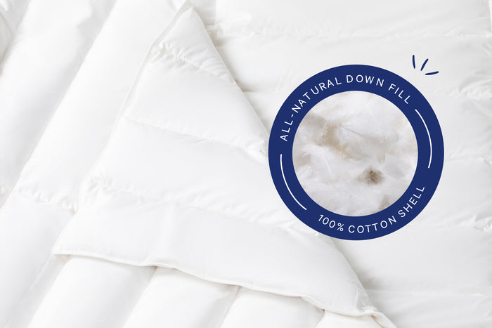 Close-up of the fill inside the Down Duvet. A badge on the image says "All-natural down fill. 100% cotton shell."