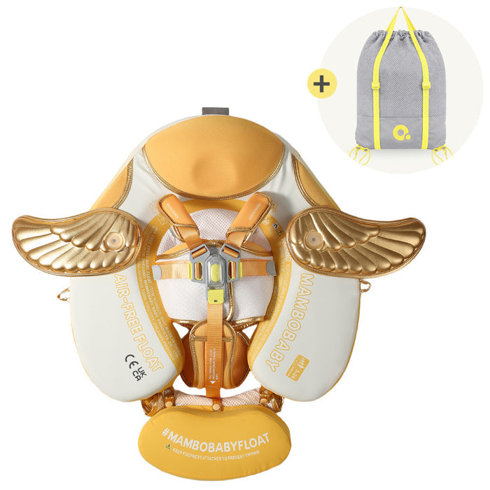 Mambo Baby Float air-free float baby seat in gold and white, shown with its included gray drawstring bag on a white background.
