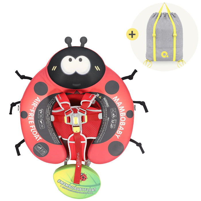 Red ladybug-shaped baby float with black spots, front-facing harness, and a small inset showing a gray drawstring bag with yellow straps.