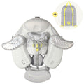 A silver Mambobaby float baby support seat with wing-like side supports and a central harness, shown on a white background with a circular inset showing a gray drawstring bag with yellow straps as an included accessory.