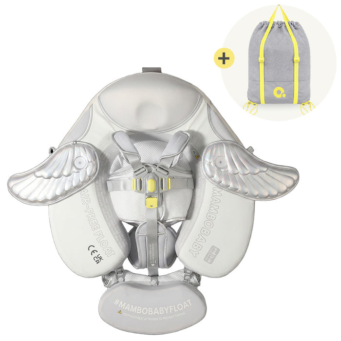A silver Mambobaby float baby support seat with wing-like side supports and a central harness, shown on a white background with a circular inset showing a gray drawstring bag with yellow straps as an included accessory.