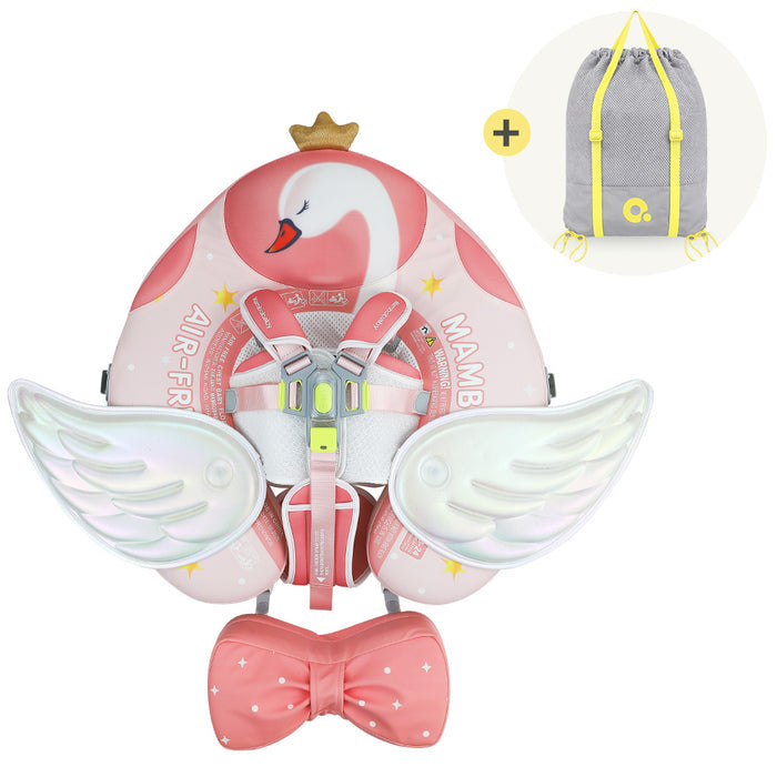 Pink baby car seat with angel wing attachments, a matching pink bow tie, and a gray drawstring bag shown in a small inset circle with a plus sign.