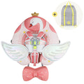Pink baby car seat with angel wing attachments, a matching pink bow tie, and a gray drawstring bag shown in a small inset circle with a plus sign.