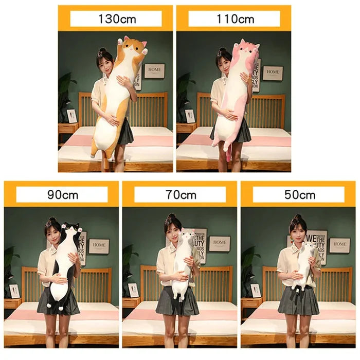 Long cat plush pillow, orange-and-white cat shape with floppy ears, soft stuffed.
