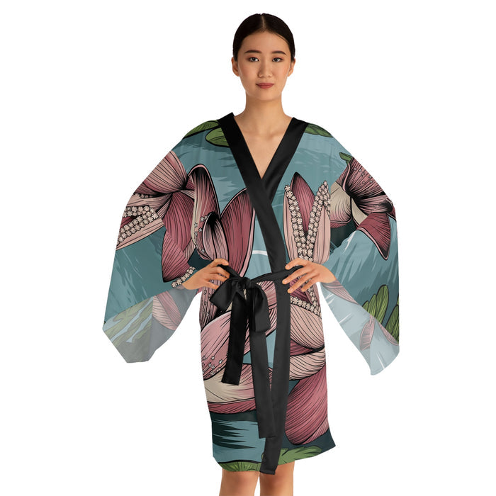 Lotus Blossom Kimono Robe - Long Sleeve Lotus Flower Wrap for Lounging, Spa Days, Meditation, and Resort Wear XS to 2XL