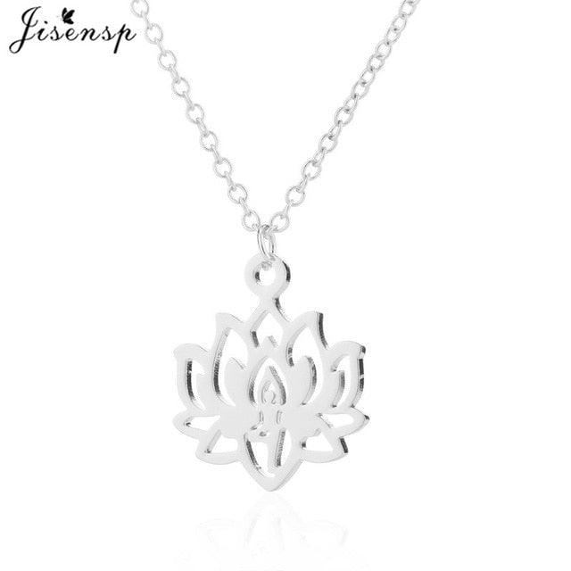 Silver lotus flower pendant necklace with centered lotus detail on a chain