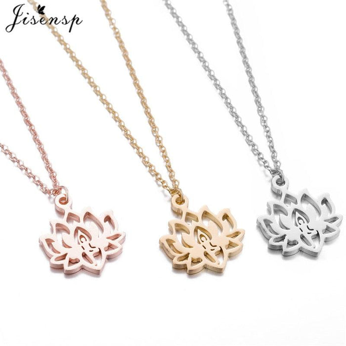 Lotus flower pendant necklaces in rose, gold, champagne, and silver tones