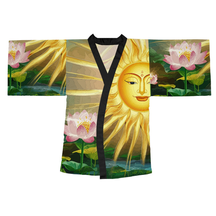 Lotus Sun Kimono Robe - Long Sleeve Lotus Flower Wrap with Golden Sun Design for Lounging, Spa Days, and Resort Wear XS to 2XL