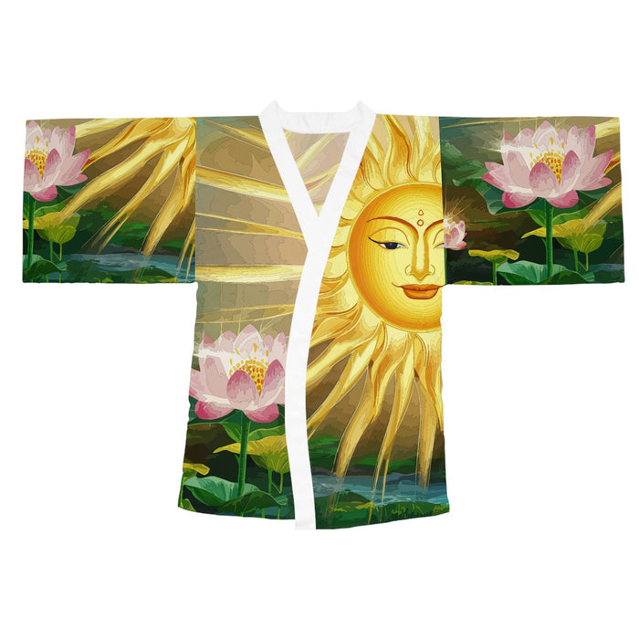 Lotus Sun Kimono Robe - Long Sleeve Lotus Flower Wrap with Golden Sun Design for Lounging, Spa Days, and Resort Wear XS to 2XL