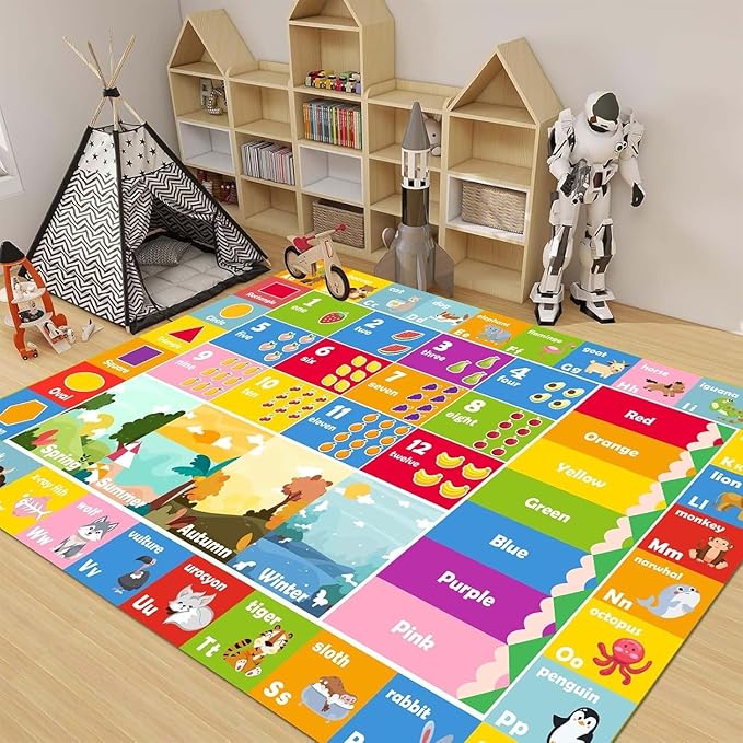 Colorful ABC learning rug play mat with letter blocks, numbers, animals, and seasons
