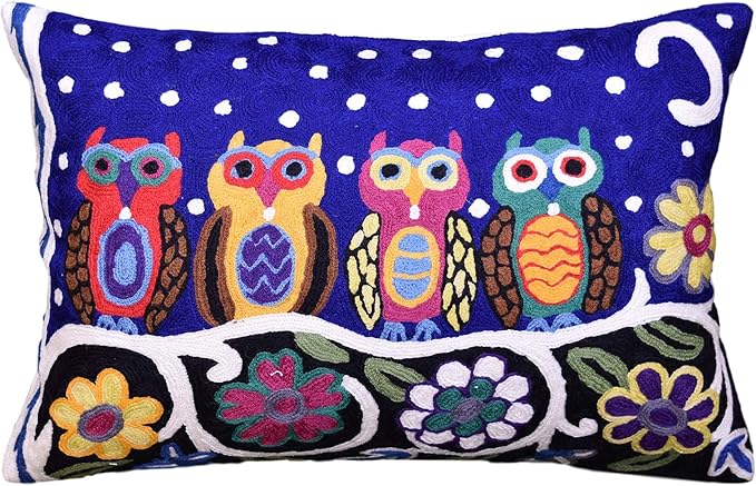 Blue embroidered wool lumbar pillow cover with whimsical owls and white dot accents