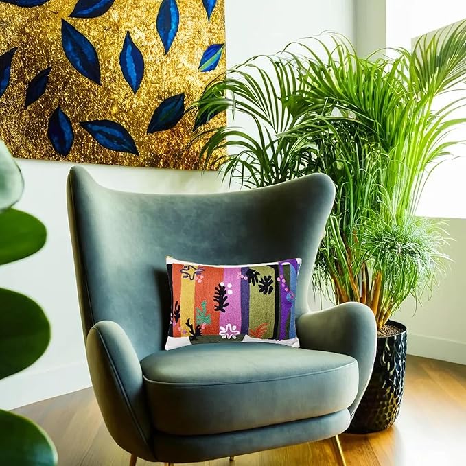 Lumbar pillow cover with colorful vertical stripe embroidery and botanical leaf flower motifs