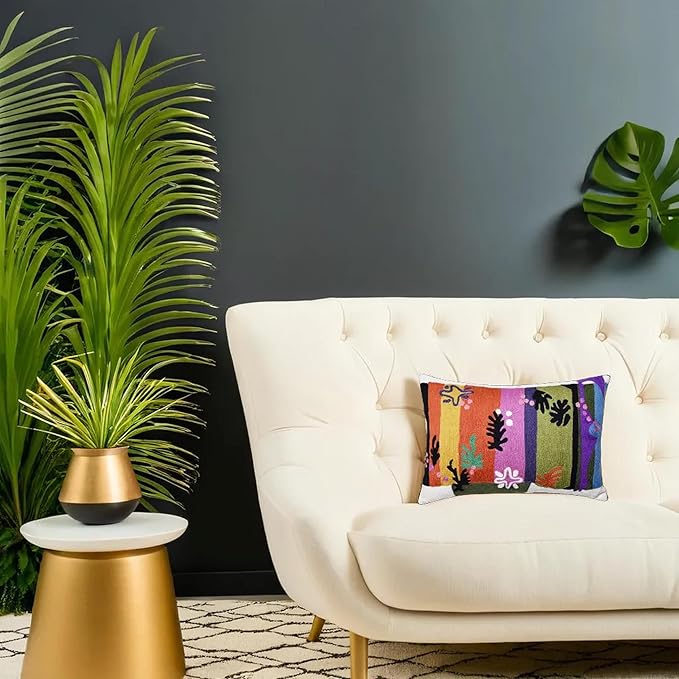 Lumbar pillow cover with colorful vertical stripe embroidery and botanical leaf motifs