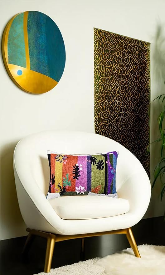 Lumbar pillow cover with colorful vertical stripe botanical design on the front