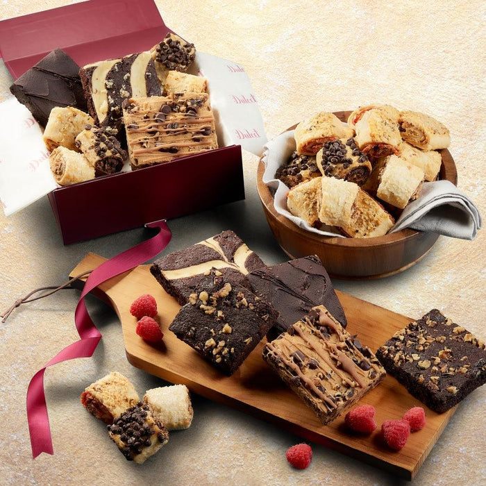 Luxurious pastry gift basket with assorted cookies, brownies, and pastries in open box