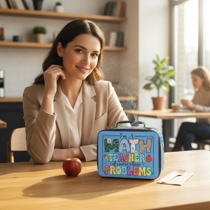 Math Teacher Lunch Bag - "I Am a Math Teacher. Of Course, I Have Problems." Insulated Black Teacher Gift with Customizable Panel