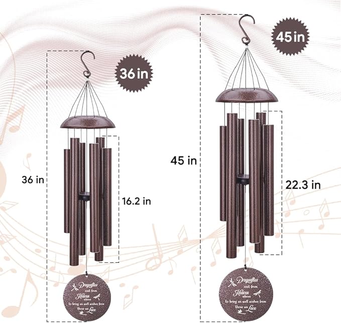 Dragonfly wind chimes size diagram, 36 in and 45 in hanging with round medallions