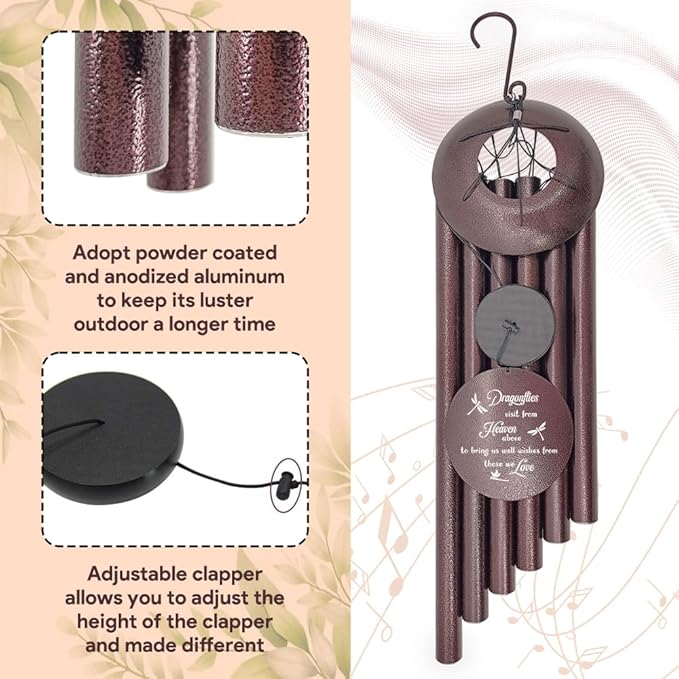 Bronze dragonfly wind chimes with adjustable clapper and round engraved medallion
