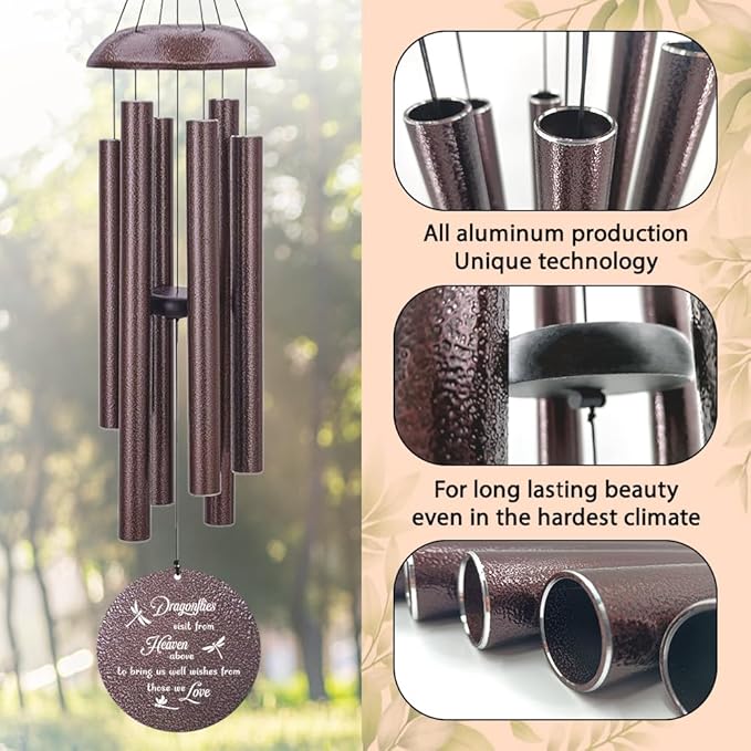 Bronze dragonfly wind chimes with textured aluminum tubes and hanging round medallion