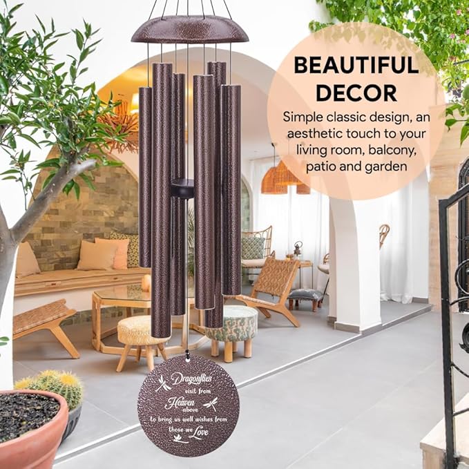 Bronze dragonfly wind chimes with multiple tubes and round Heaven wish medallion