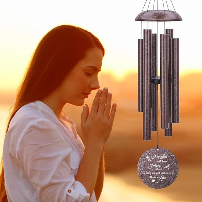 Bronze dragonfly wind chimes with suspended tubes and round engraved condolence medallion