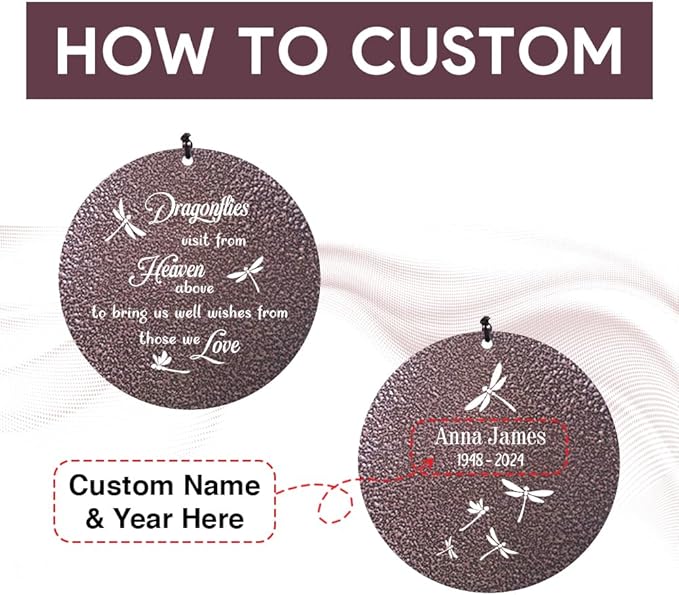 Customized dragonfly wind chime medallions with dragonfly design and name/year fields