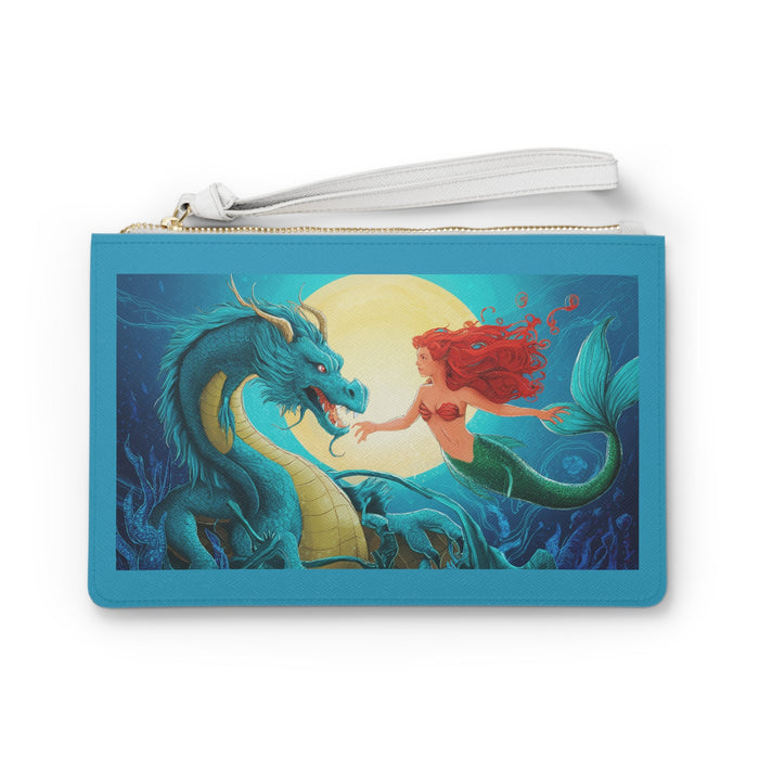 Mermaid and Her Dragon Clutch Bag - Red-Haired Mermaid Reaching for Her Sea Dragon Under a Full Moon, Fantasy Ocean Wristlet in Saffiano PU Leather