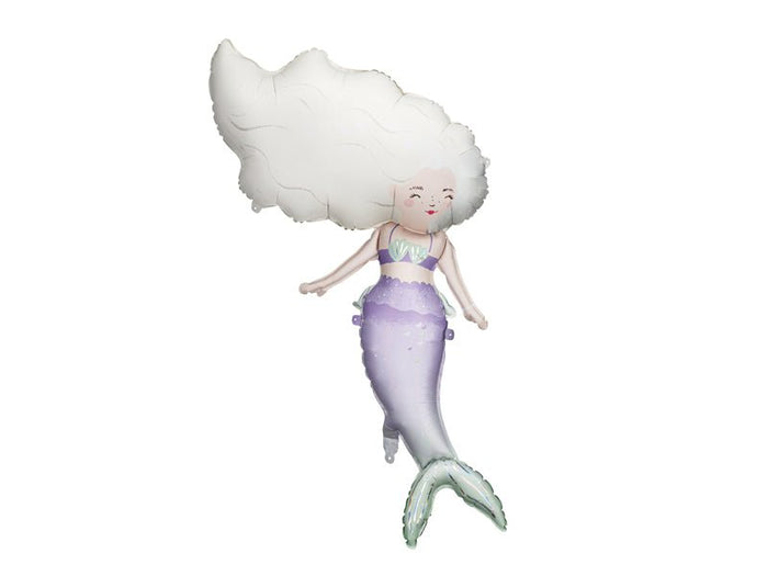 Mermaid balloon character with white hair and lavender tail, standing with arms down