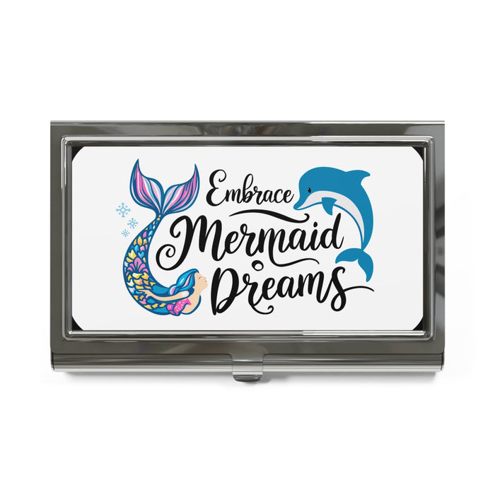 Mermaid Business Card Holder - Embrace Mermaid Dreams Polished Silver Metal Card Case with Mermaid and Dolphin Design, Mermaid Gift for Her