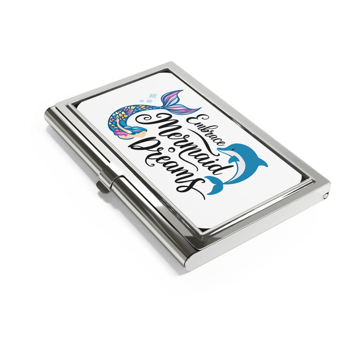 Mermaid Business Card Holder - Embrace Mermaid Dreams Polished Silver Metal Card Case with Mermaid and Dolphin Design, Mermaid Gift for Her