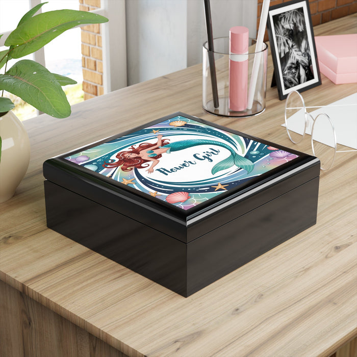Mermaid Flower Girl Jewelry Box – Illustrated Mermaid ‘Flower Girl’ Keepsake Box | Rubberwood | Ebony Black, Golden Oak or Red Mahogany | Beach Wedding Bridal Gift