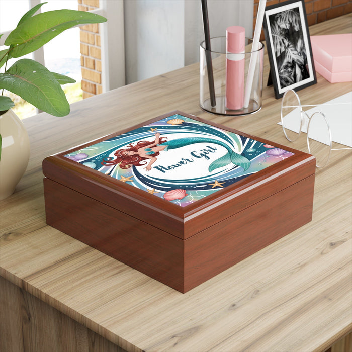 Mermaid Flower Girl Jewelry Box – Illustrated Mermaid ‘Flower Girl’ Keepsake Box | Rubberwood | Ebony Black, Golden Oak or Red Mahogany | Beach Wedding Bridal Gift