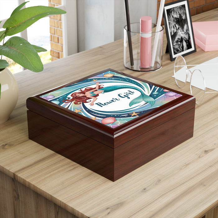 Mermaid Flower Girl Jewelry Box – Illustrated Mermaid ‘Flower Girl’ Keepsake Box | Rubberwood | Ebony Black, Golden Oak or Red Mahogany | Beach Wedding Bridal Gift
