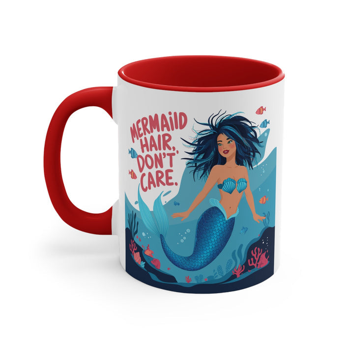 Mermaid Hair Don't Care Accent Mug – Wild Teal Mermaid Underwater Scene | 11oz White Ceramic Blue Green Pink or Red | Ocean Attitude Coffee Gift