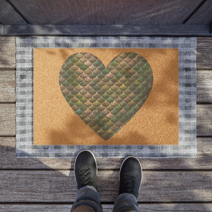 Mermaid Heart Doormat – Iridescent Teal Gold Scale Heart on Natural Coir | 24” × 16” | Non-Slip Vinyl Back | Coastal Ocean Entryway Home Decor Gift