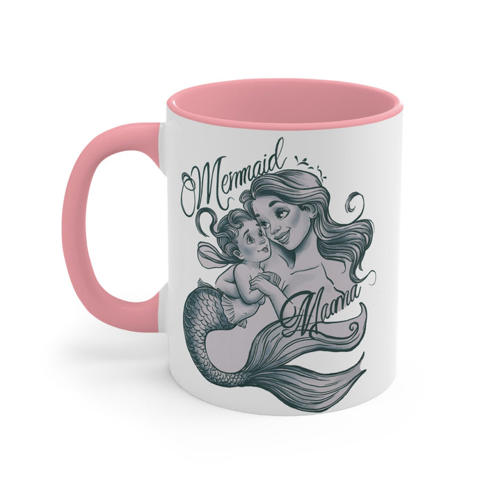 Mermaid Mama Accent Mug – Mother & Baby Mermaid Illustration | Pink Accent | 11oz & 15oz | Mermaid Mom Gift