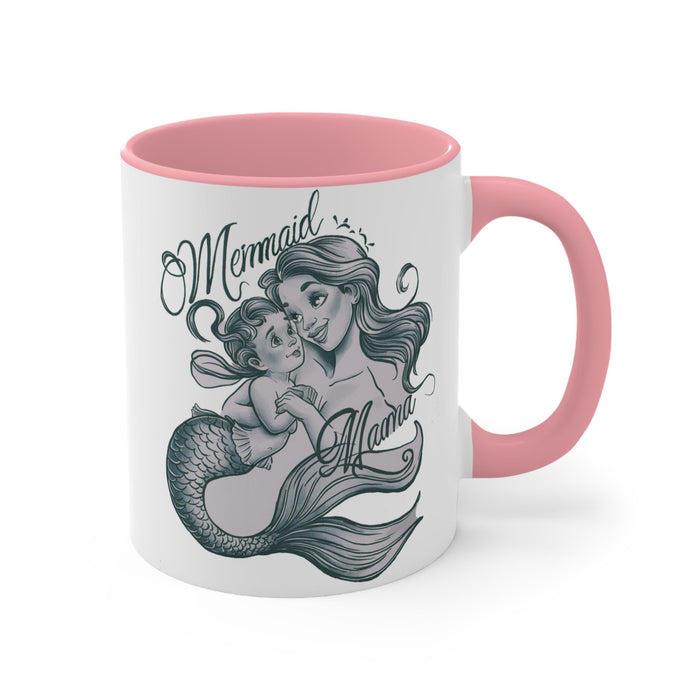 Mermaid Mama Accent Mug – Mother & Baby Mermaid Illustration | Pink Accent | 11oz & 15oz | Mermaid Mom Gift