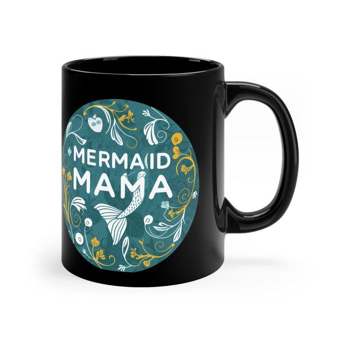 Mermaid Mama Black Coffee Mug – Teal Botanical Badge Design | 11oz | Bold Mermaid Mom Gift