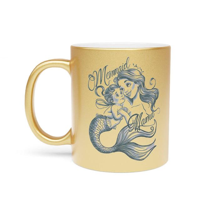 Mermaid Mama Metallic Mug – Fine Line Mermaid Mama & Baby Illustration | 11oz | Gold or Silver Metallic Finish | Mother’s Day Gift for Mermaid Mom