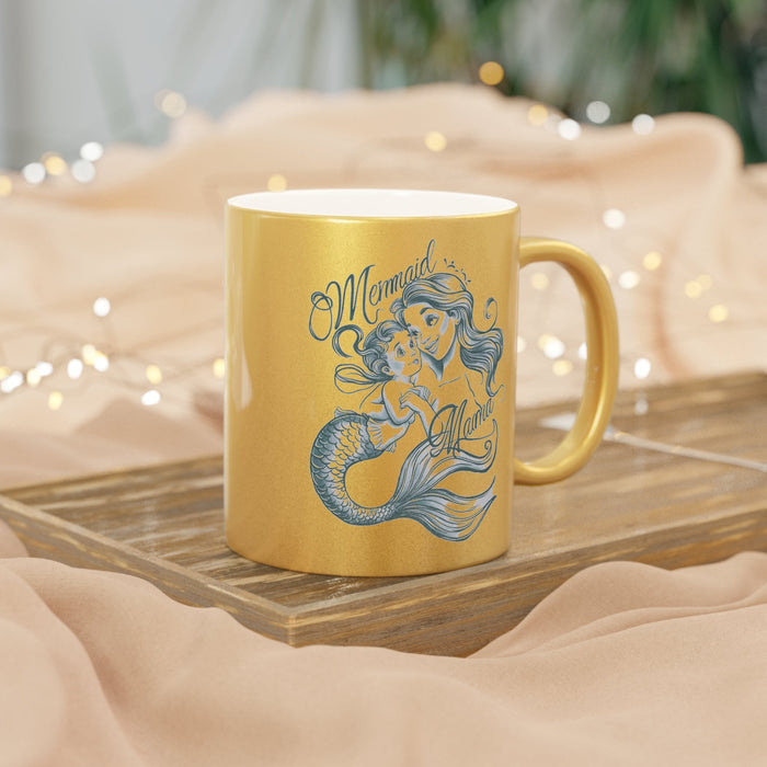 Mermaid Mama Metallic Mug – Fine Line Mermaid Mama & Baby Illustration | 11oz | Gold or Silver Metallic Finish | Mother’s Day Gift for Mermaid Mom