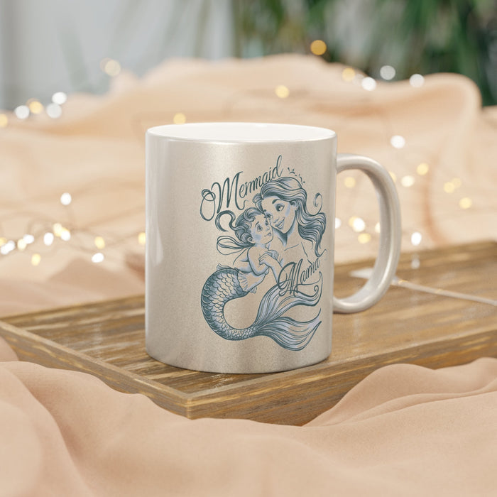 Mermaid Mama Metallic Mug – Fine Line Mermaid Mama & Baby Illustration | 11oz | Gold or Silver Metallic Finish | Mother’s Day Gift for Mermaid Mom