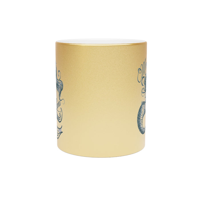 Mermaid Mama Metallic Mug – Fine Line Mermaid Mama & Baby Illustration | 11oz | Gold or Silver Metallic Finish | Mother’s Day Gift for Mermaid Mom