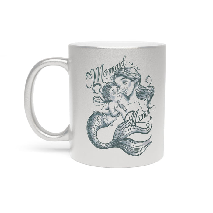 Mermaid Mama Metallic Mug – Fine Line Mermaid Mama & Baby Illustration | 11oz | Gold or Silver Metallic Finish | Mother’s Day Gift for Mermaid Mom
